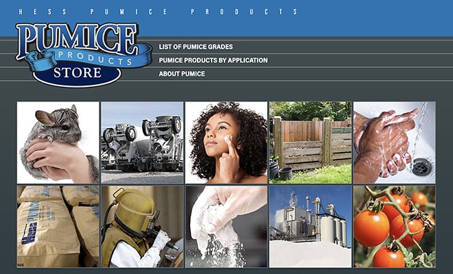 screen shot of the pumice stor website homepage